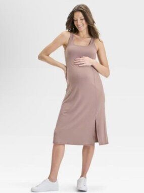 Isabel Maternity Slit Active Midi Dress Sz L Built In Bra Tank Taupe Stretch